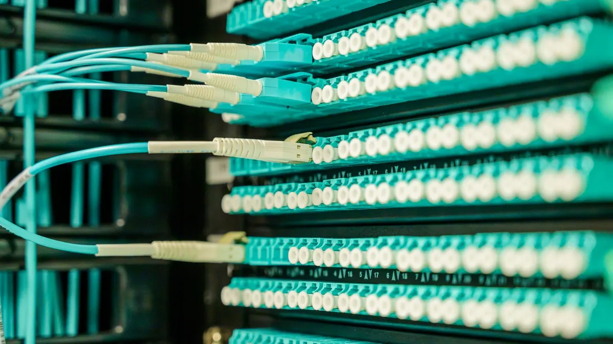 Teal fiber patch cables connected to a network patch panel