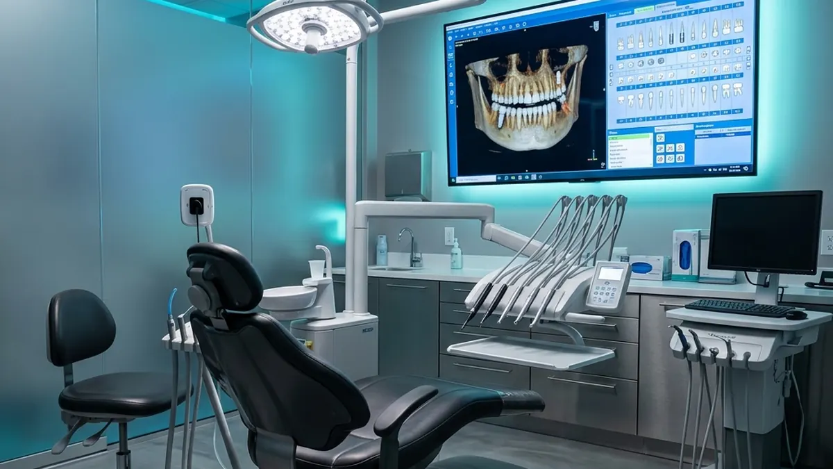 Dental operatory with a treatment chair and a wall monitor showing a panoramic X-ray